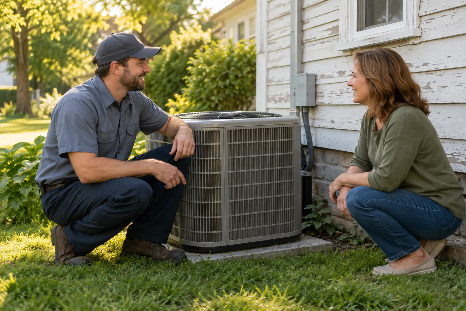 A friendly HVAC provider talking with a homeowner beside an outdoor AC unit at a Schaumburg home