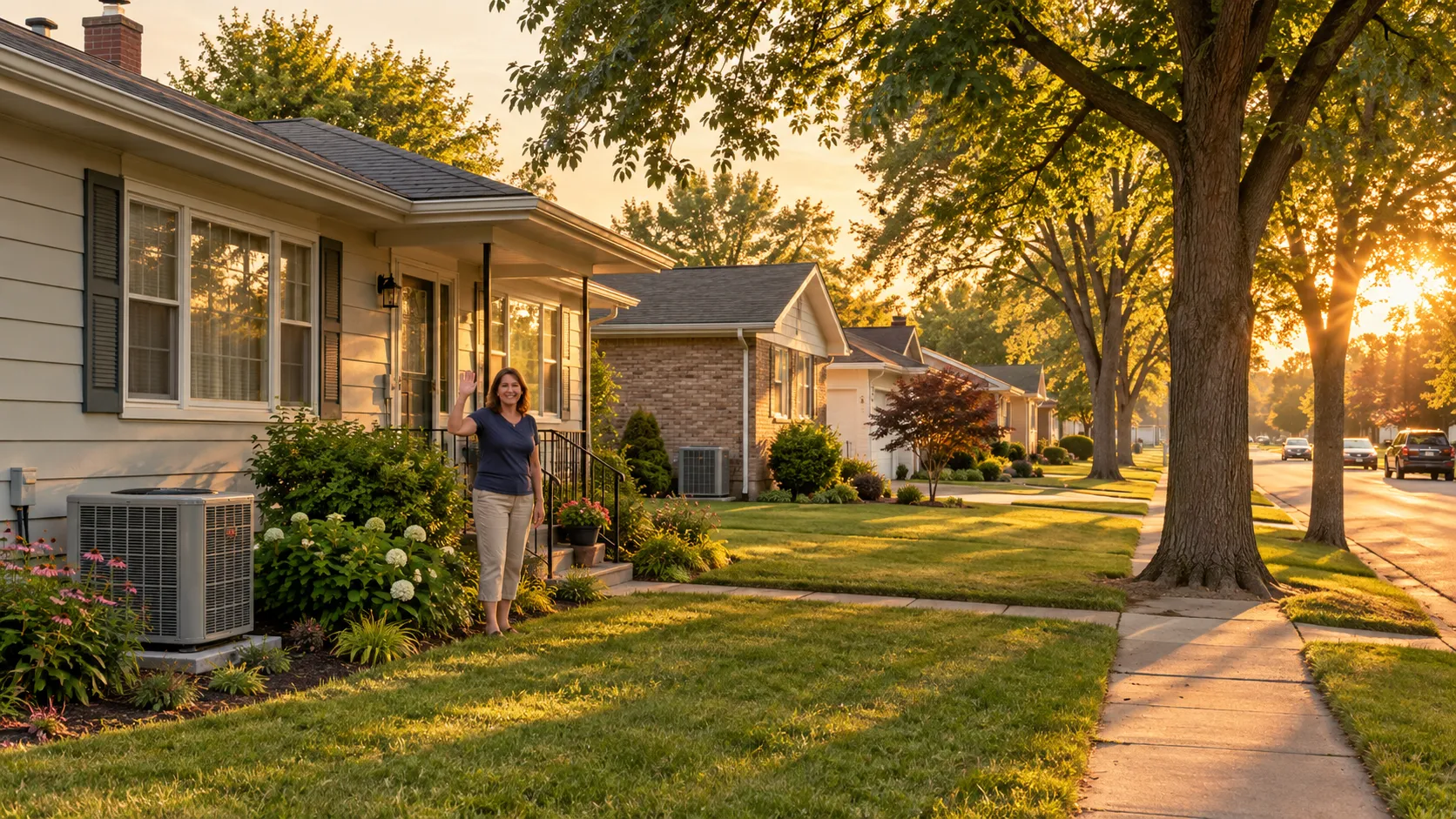 A bungalow and ranch-style street in Schaumburg with outdoor AC units beside the homes